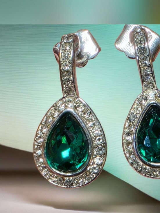 Jewelry - Emerald Teardrop Crystal Halo Drop Earrings, Women Jewelry, Elegant Night